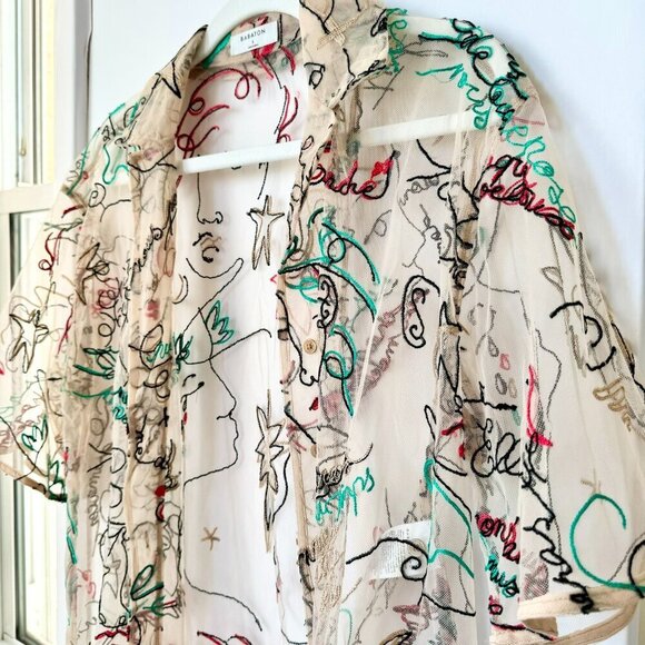 Aritzia Babaton Sheer Abstract Print Button Down Short Sleeve Shirt Embroidered - Picture 4 of 9